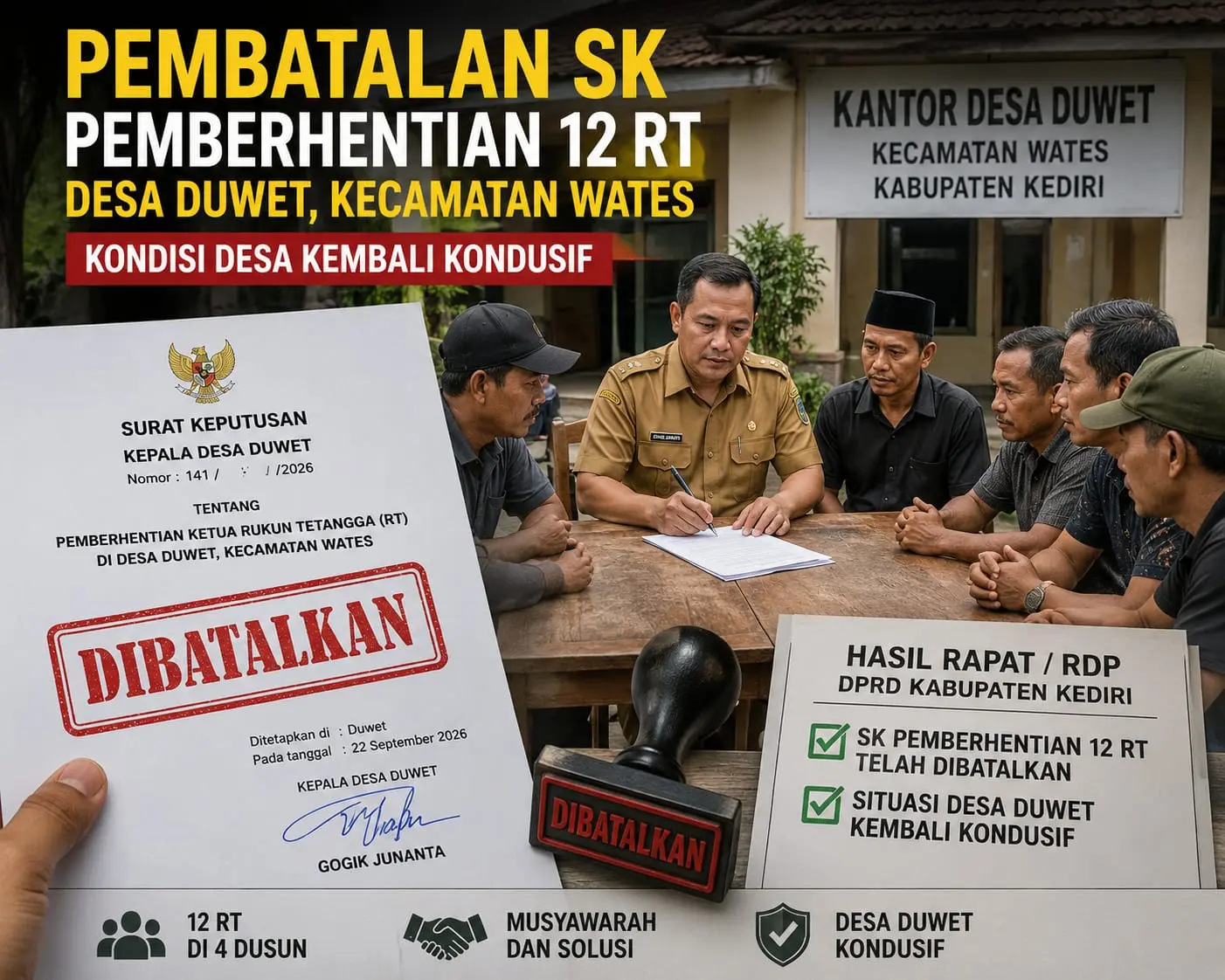 pembatalan SK pemberhentian 12 Ketua RT Desa Duwet, Kepala Desa Gogik Hananta tanda tangan surat pembatalan — AndikaNews.com